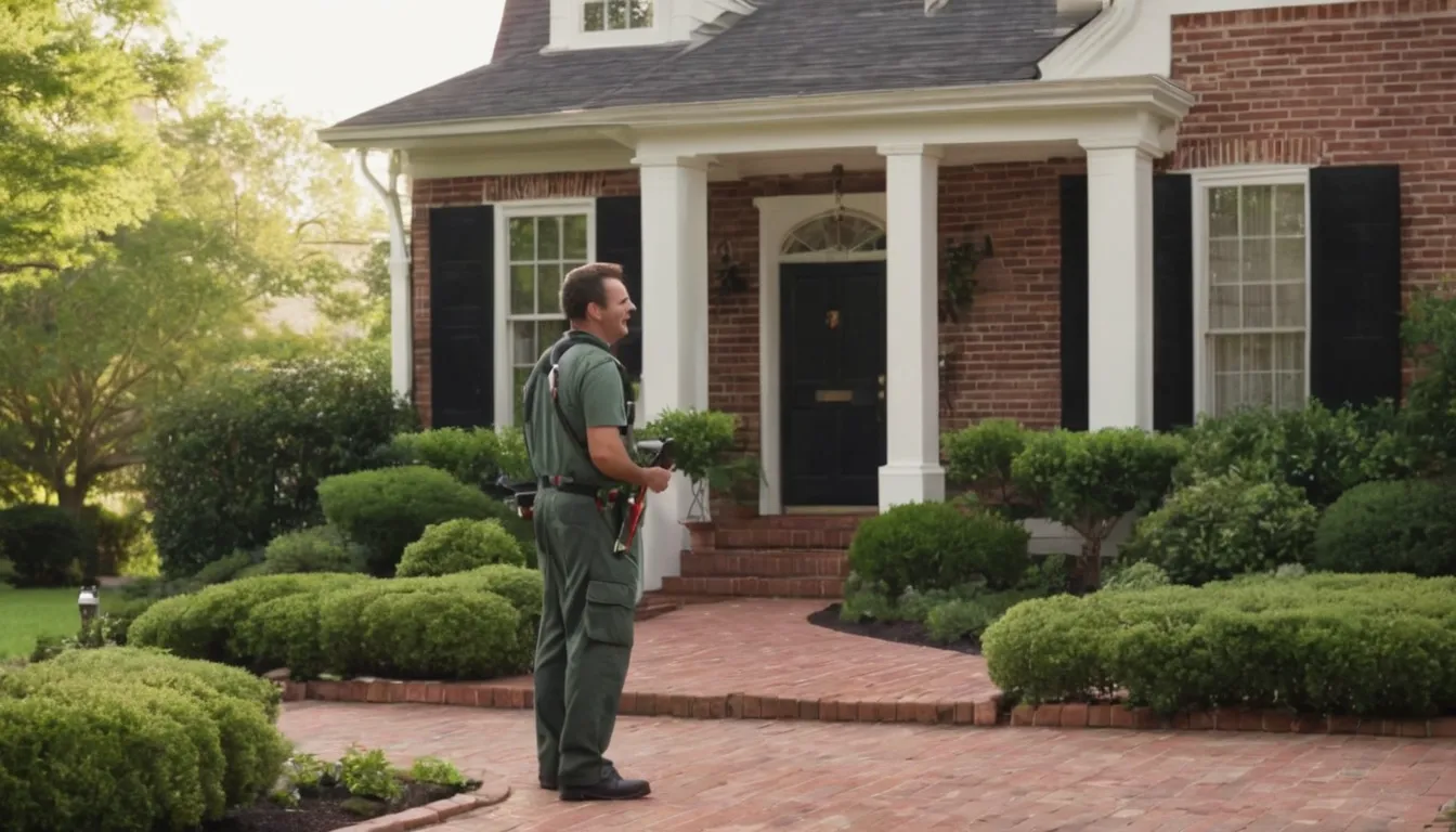 A friendly pest control provider talking with a homeowner at the front door of a colonial home in Louisville/Jefferson County metro government