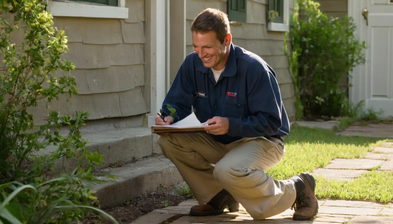 Friendly pest control provider talking with a homeowner at the door of a colonial house in the Louisville/Jefferson County metro government area