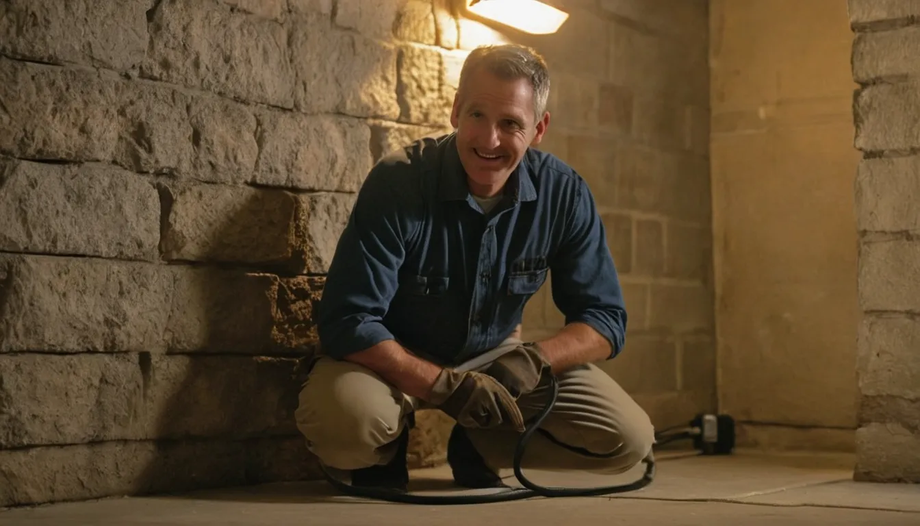 A local termite provider inspecting a basement foundation wall near Louisville/Jefferson County metro government with a flashlight